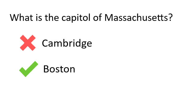 Text "What is the Capitol of Massachusetts? with answers Cambridge (next to red X) and Boston (next to green check).