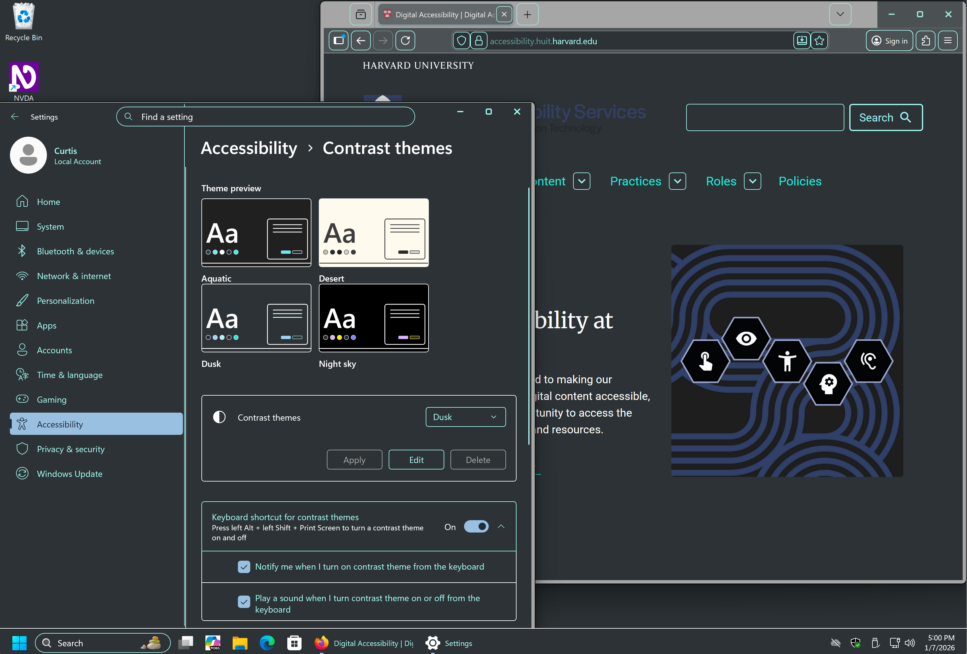 Windows 11 Contrast themes settings, Dusk enabled. In the background, the Digital Accessibility site is in a browser window, also affected by the contrast theme.
