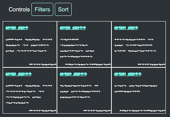 buttons and card grid, 'Dusk' contrast theme, with borders around button, outlines around grid cells.
