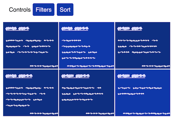buttons and card grid, site colors; white placeholder text on different shades of dark blue.