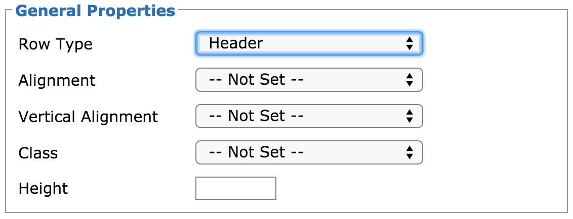 Table row options form with a Row Type select element set to header