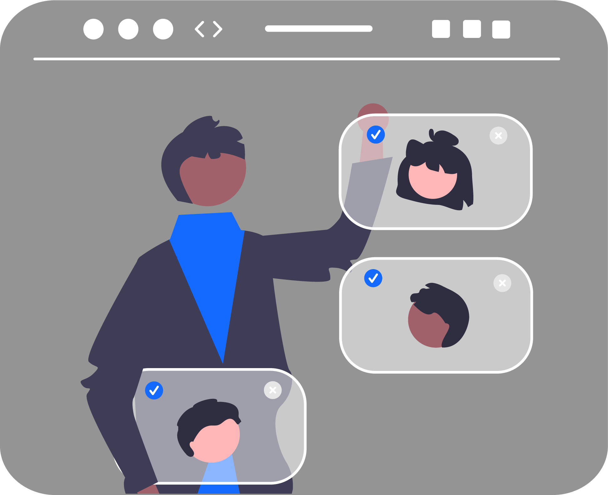 Illustration of several people waving to each other on a video call.