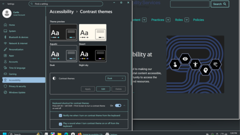 Windows 11 Contrast themes settings, Dusk enabled.