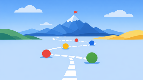 illustration of a dotted line extending across a flat surface and up a mountain with a red flag on top, colored dots are at different points on the line.
