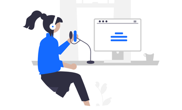 Illustration of person with headphones and microphone watching a video.