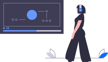 Illustration of person watching a video and wearing headphones.