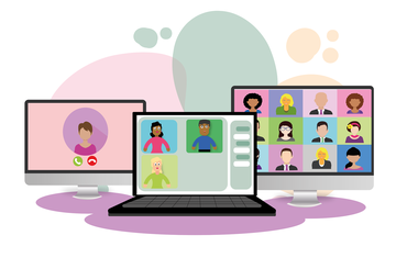 Illustration of several different video conference interfaces.