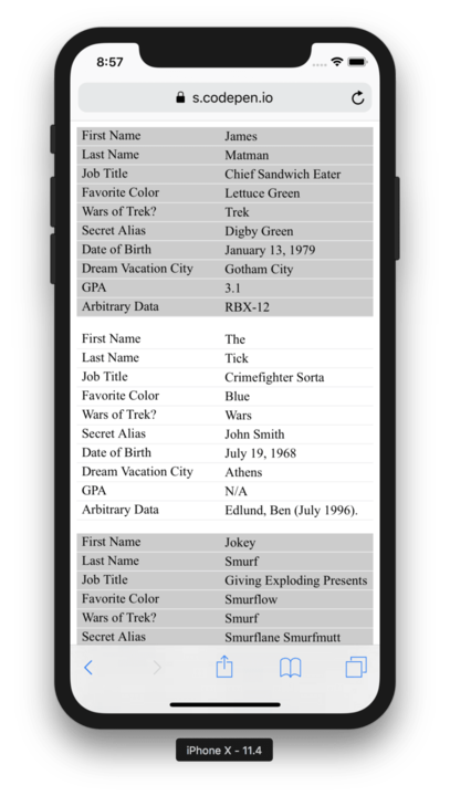 Phone displaying tabular data reformatted into a list-like design; each row has what was a column header next to one cell's data. Background colors separate the data from each original table row.