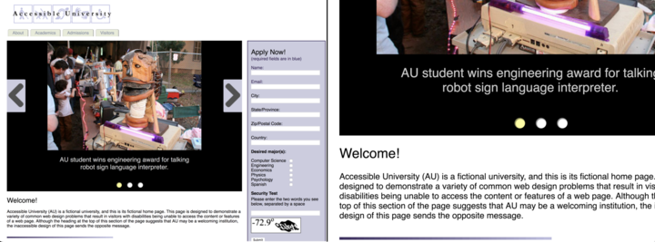 Left: screenshot of non-responsive web page at its default size. Right: screenshot of same page zoomed in, no content is wrapped or shifted to fit within the browser window.