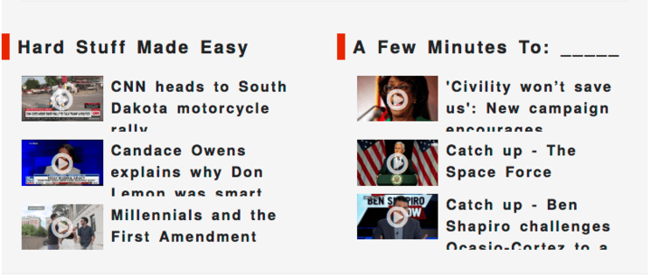 News headlines with video thumbnails, spacing between words is increased and the ends of headlines are cut off by the ones that follow.