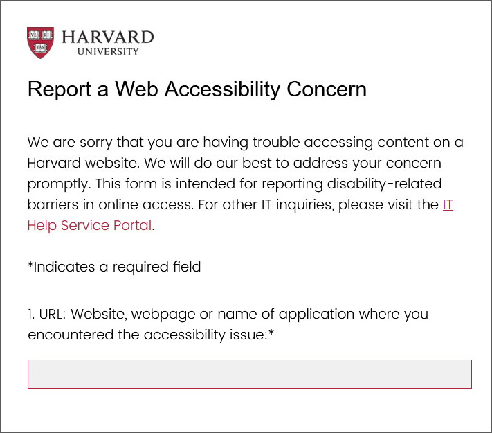 Report a Web Accessibility Concern form with URL input focused.