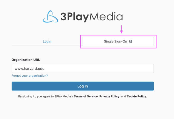Screenshot of 3playMedia login screen with Single sign-on tab highlighted.