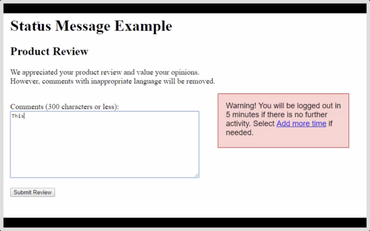 Screen capture of an accessible alert message