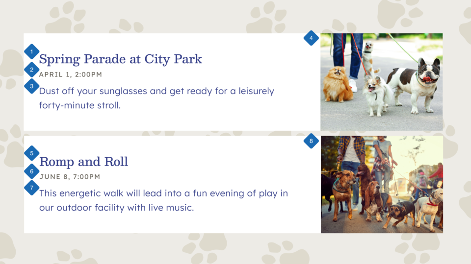Two sections of content each have several text elements positioned next to an image. Each element in the first section is numbered, starting with its title and other text, and ending with the image. The numbers continue onto the following section.