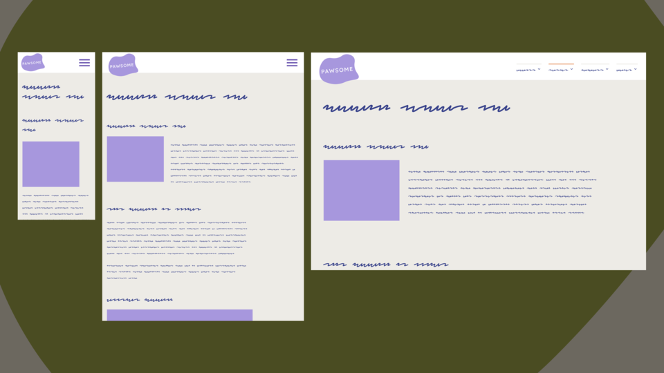A webpage layout on three different viewport sizes. Each has a site header, along with page content that includes images and text, laid out a little differently at each size..