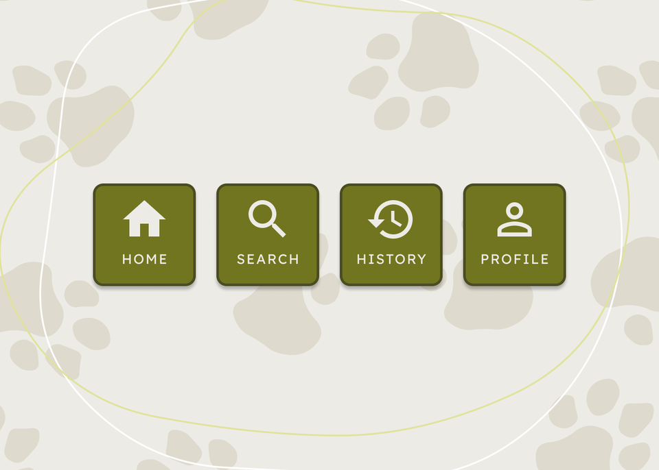 Four buttons in a row: One has an icon of a house labeled as Home, a magnifying glass labeled Search, a clock with an arrow circling around it counter-clockwise labeled History, and a person cropped to the head and shoulders labeled Profile.