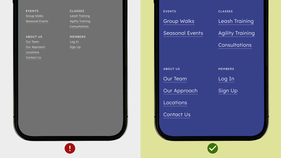Two phone screens side by side, each with four sections with headings and links. The links in the second version are much larger and have more vertical space between them.